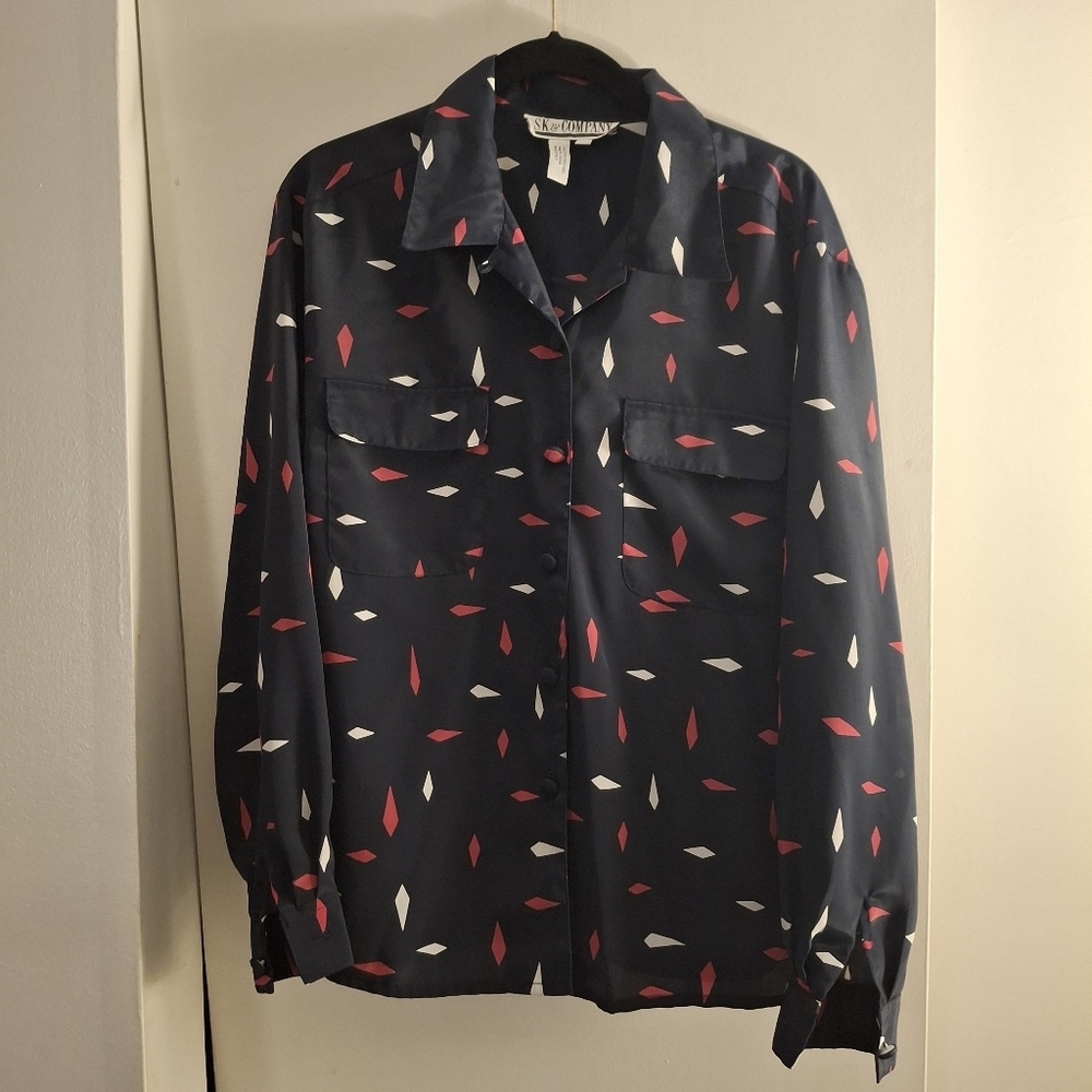 SK & Company Women's Dark Blue Long Sleeve Shirt with Red and White Accents